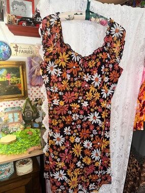 No Boundaries Black Mini Summer Dress with Orange, Pink & White Daisies